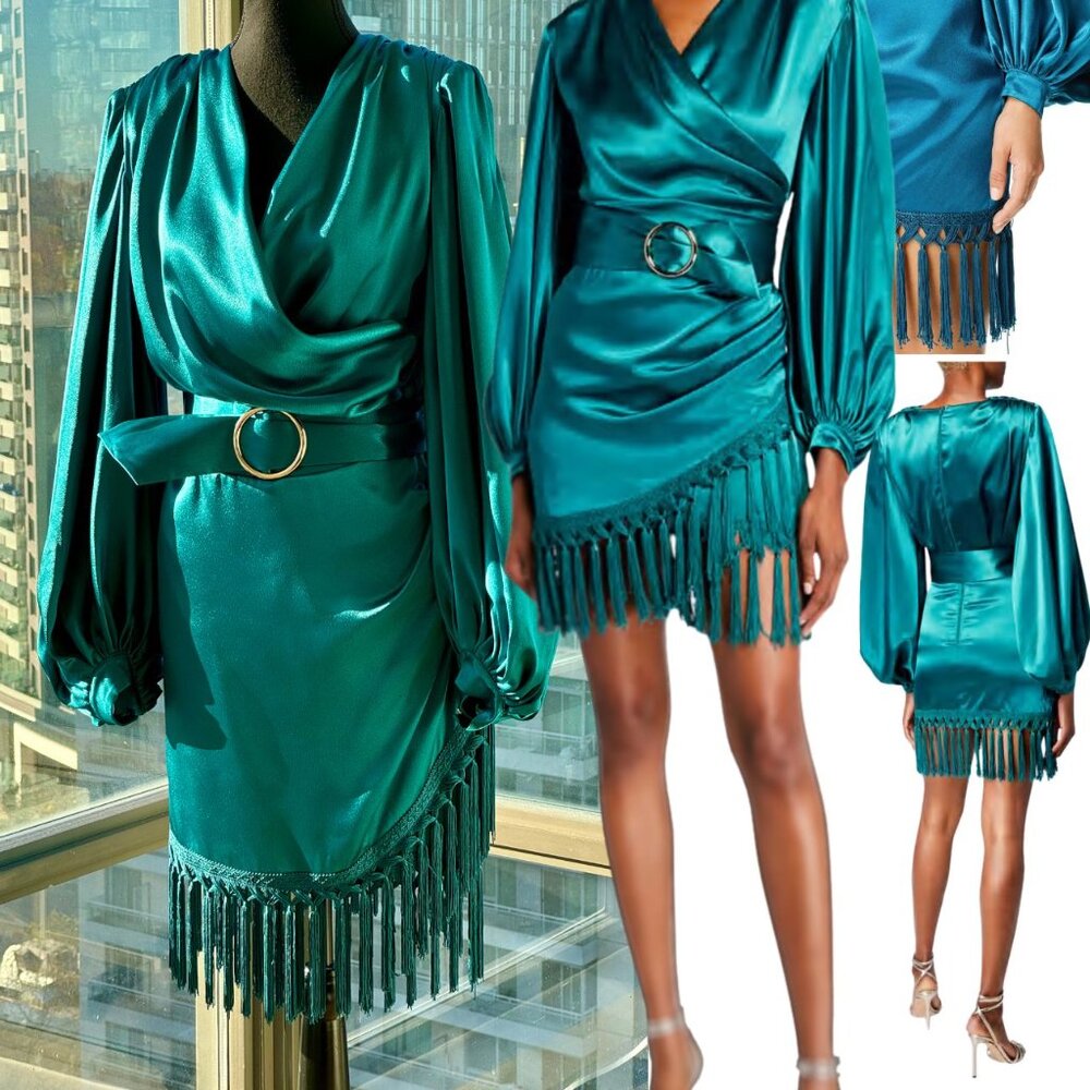 🆕 BRONX & BANCO🧿 NWOT Monica Long Sleeve Satin Wrap Dress Fringed Hem - M US6